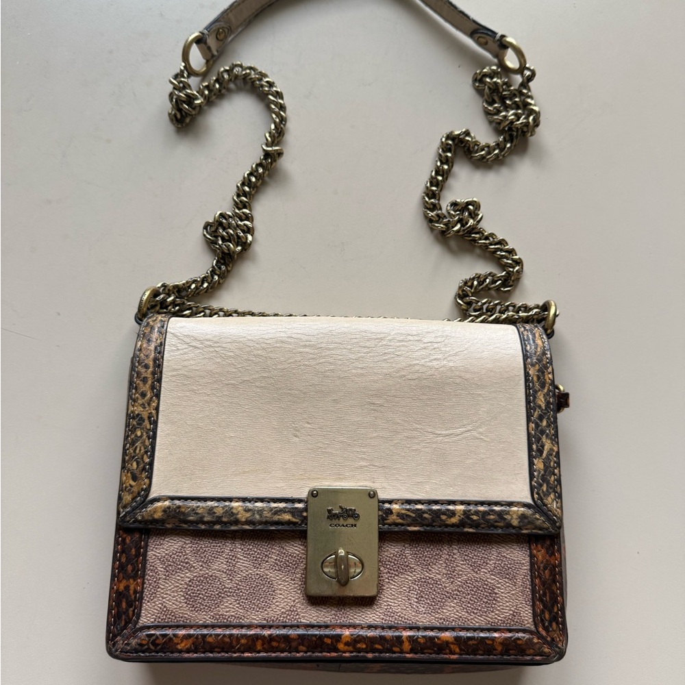 Coach Cream and Brown Leather Chain Crossbody Bag